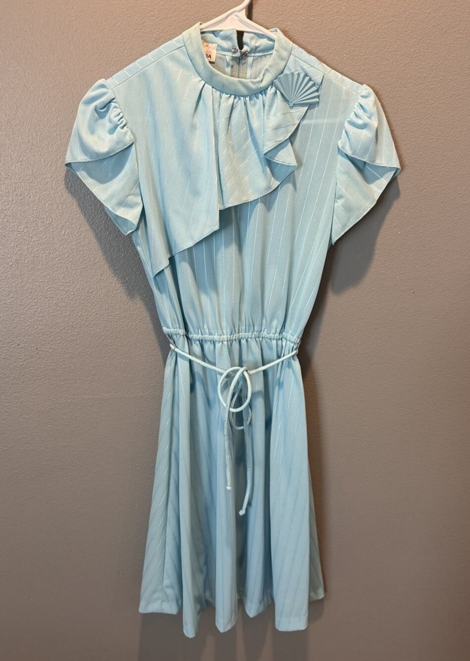 Vintage Lucky Barbara Baby Blue Coastal Stripe Ruffle Dress Size 7 Women's